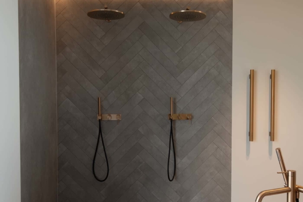 Douche italienne et grande baignoire dans une salle de bain chic en carrelage. Maison à Rolle