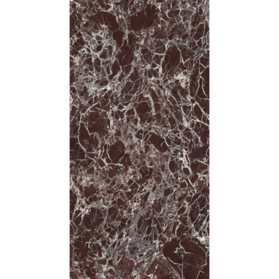 Image d'un carreau de marbre Marmi Maximum Lepantino Rubino montrant en détail les veines complexes blanches et grises sur un fond rouge profond